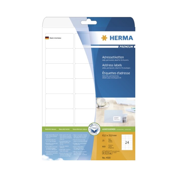 Etiquetas de dirección HERMA Premium A4 63,5x33,9 mm papel blanco mate 600 unid.