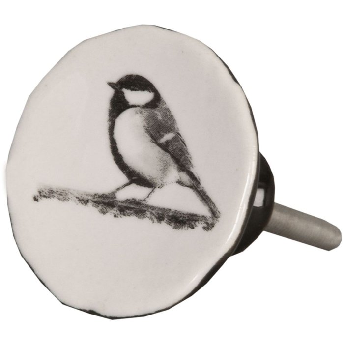 Clayre & Eef 62343 Pomo Puerta Ø 4 cm Blanco Negro Cerámica Pájaros Redondo