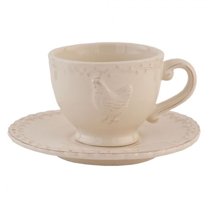 Clayre & Eef CHRKS Taza con Plato 200 ml Café Redondo Pollo Cerámica Beige