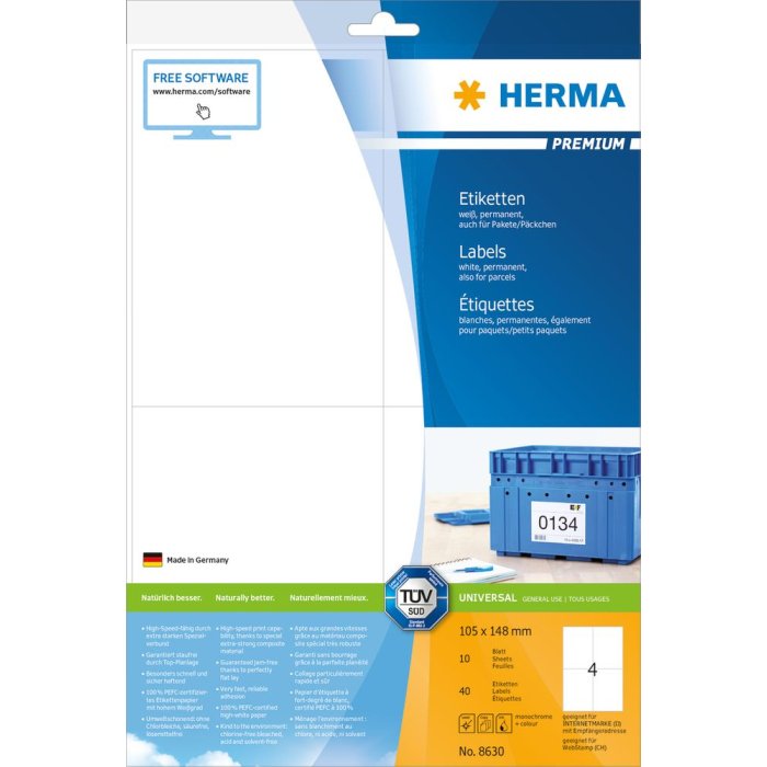Etiquetas Premium A4, papel blanco 105x148 mm mate 40 unid.