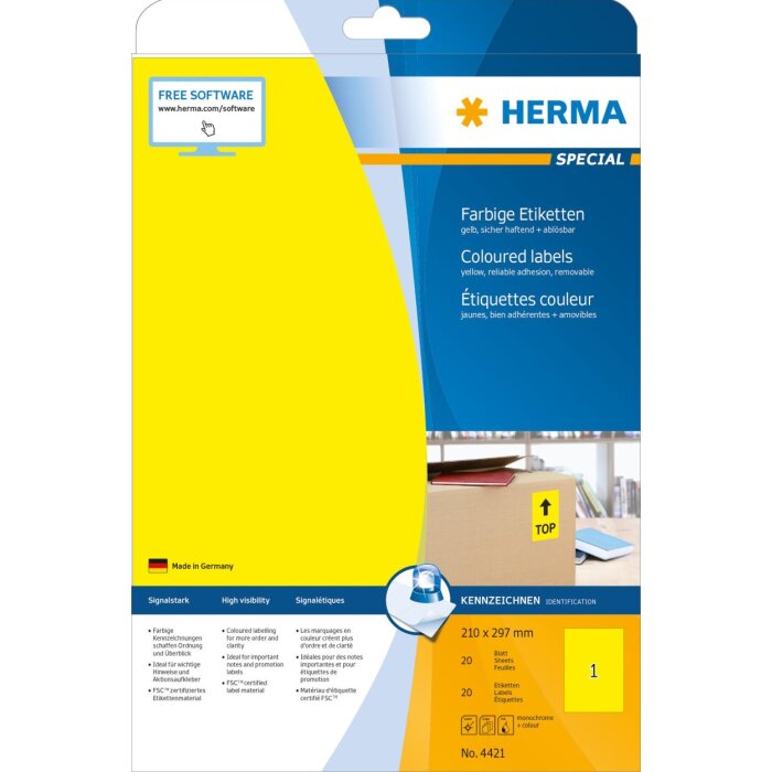 Etiquetas HERMA A4 amarillo 210x297 mm papel mate 20 unidades