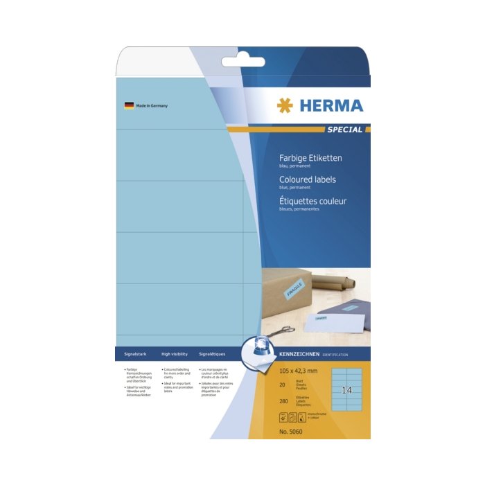 Etiquetas A4 azul 105x42,3 mm papel mate 280 unid.