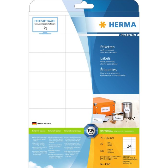 Etiquetas Premium A4, papel blanco 70x36 mm mate 600 unid.