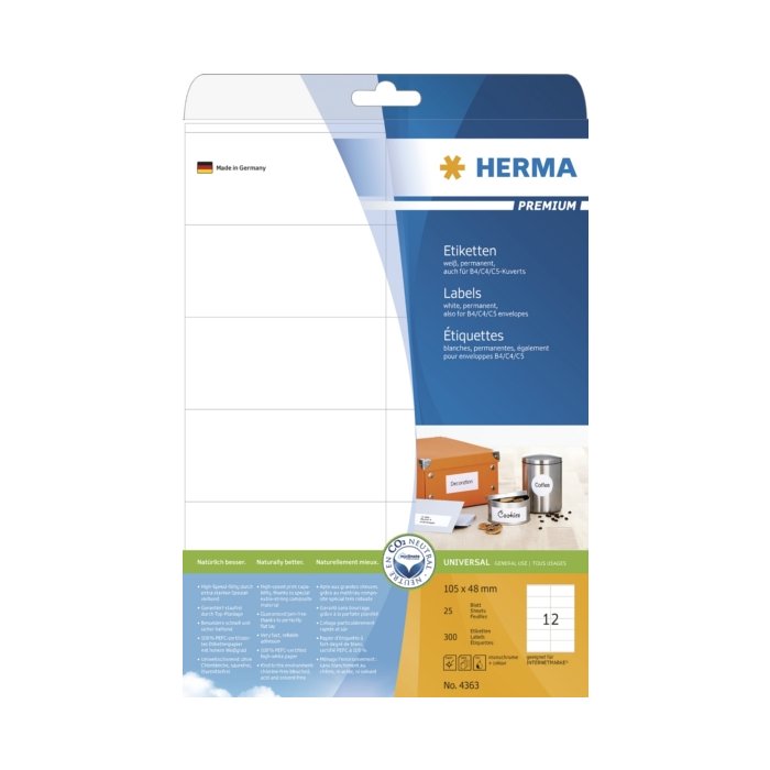 Etiquetas Premium a4, papel blanco 105x48 mm mate 300 uds.