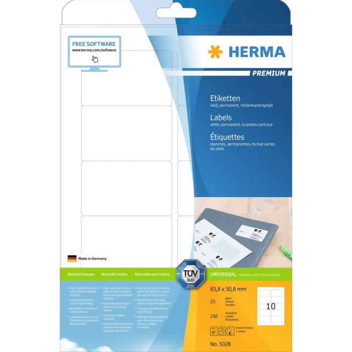 Etiquetas Premium A4, papel blanco 83,8x50,8 mm mate 250 unid.