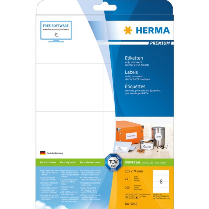 Etiquetas Premium A4, papel blanco 105x74 mm mate 200 unid.