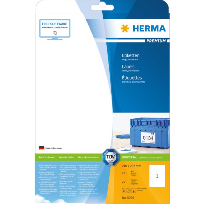 Etiquetas HERMA Premium A4, papel blanco 210x297 mm mate 25 unid.