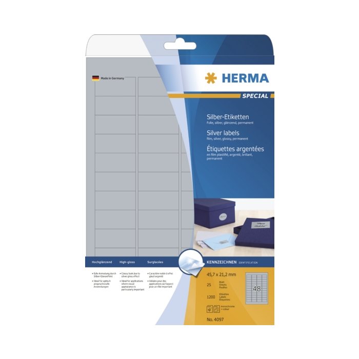 Etiquetas A4 plata 45,7x21,2 mm folio brillo 1200 unid.