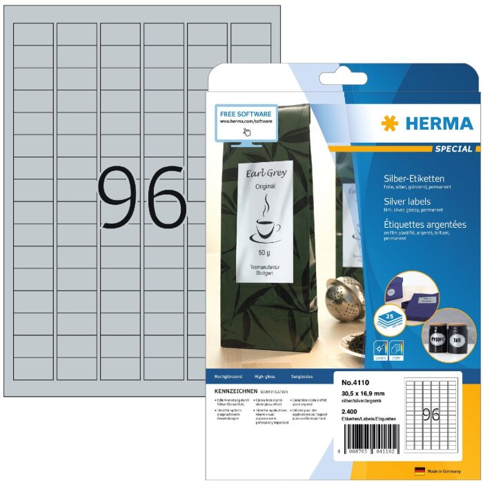Etiquetas A4 plata 30,5x16,9 mm folio brillo 2400 unid.