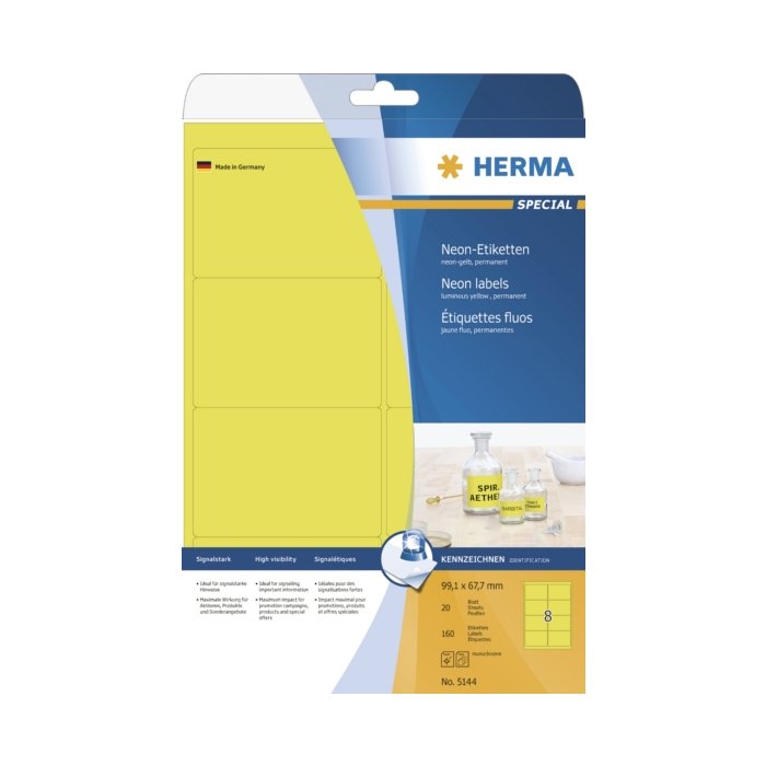 Etiquetas HERMA A4 amarillo neón 99,1x67,7 mm papel mate 160 unidades