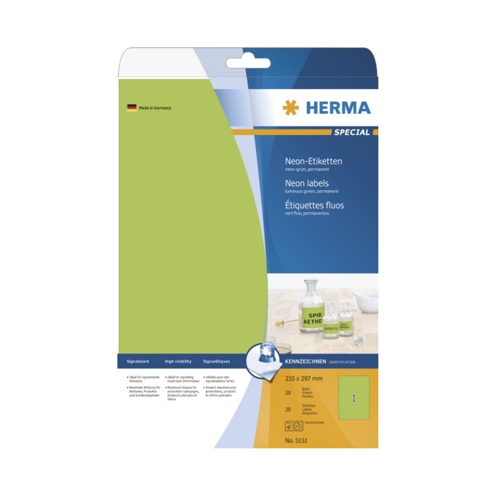 Etiquetas A4 verde neón 210x297 mm papel mate 20 unid.