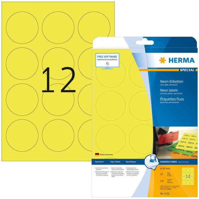 Etiquetas A4 amarillo neón Ø 60 mm papel redondo mate 240 unid.