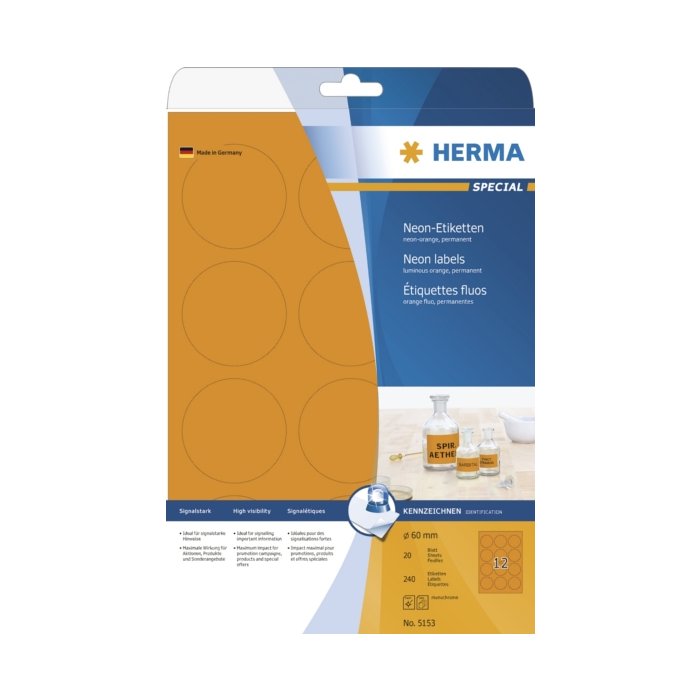 Etiquetas A4 naranja neón Ø 60 mm papel redondo mate 240 unid.