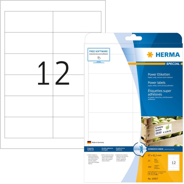 Etiquetas A4 blancas 96,5x42,3 mm papel adhesivo extremadamente fuerte mate 300 unid.
