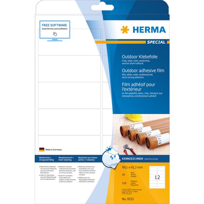 Etiquetas A4 Lámina adhesiva exterior blanca 99,1x42,3 mm Lámina mate 120 unid.