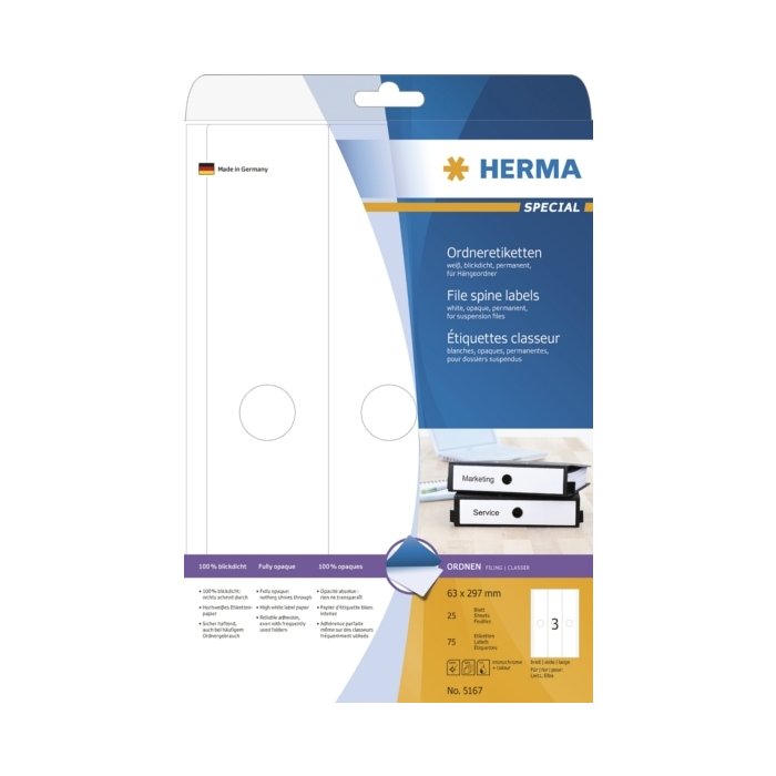 Etiquetas para carpetas colgantes A4 blancas 63x297 mm papel opaco mate 75 unid.