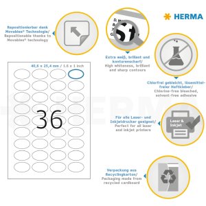 etiquetas herma a4 blancas 40,6x25,4 mm ovaladas Papel movible-desmontable mate 900 uds.