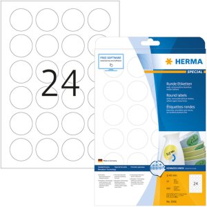 Etiquetas A4 blancas Ø 40 mm redondas Movibles-papel removible mate 600 unid.