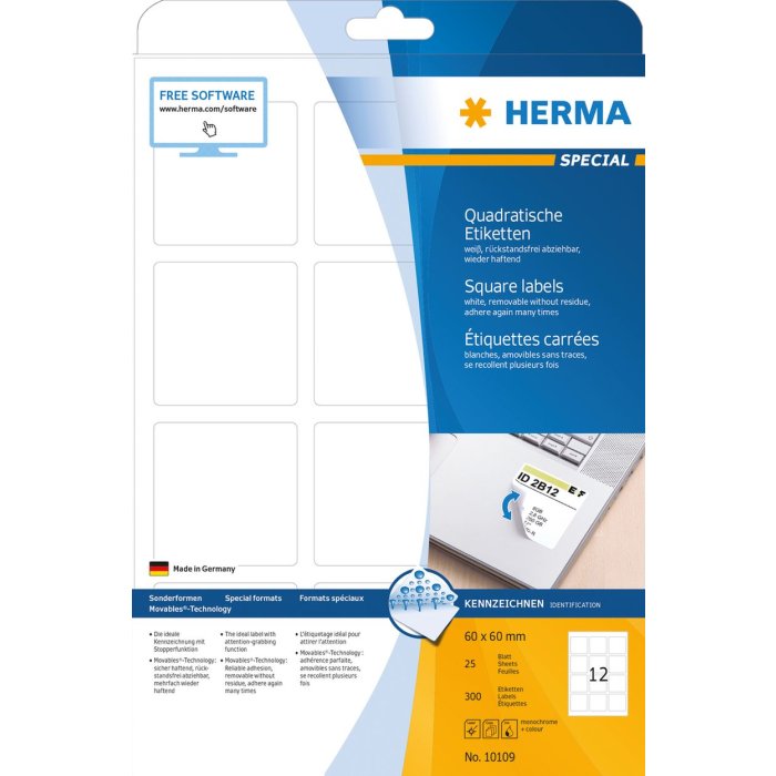 Etiquetas A4 blanco 60x60 mm cuadrado Papel movible-desmontable mate 300 unid.
