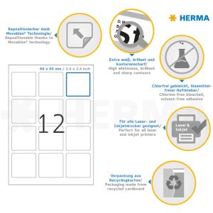 Etiquetas A4 blanco 60x60 mm cuadrado Papel movible-desmontable mate 300 unid.