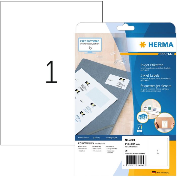 Etiquetas inkjet HERMA A4 blanco 210x297 mm papel mate 25 unid.