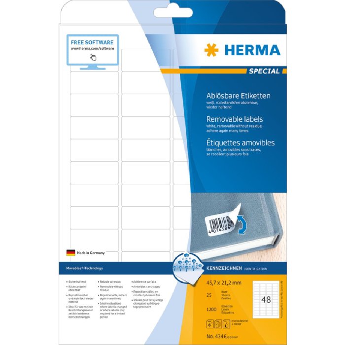 Etiquetas A4 blanco 45,7x21,2 mm Papel movible-desmontable mate 1200 unid.