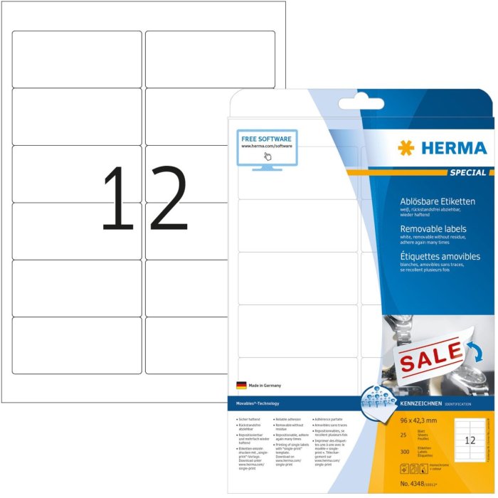 Etiquetas A4 blanco 96x42,3 mm Papel movible-desmontable mate 300 unid.
