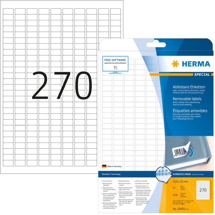 Etiquetas A4 blanco 17,8x10 mm Papel movible-desmontable mate 6750 unid.
