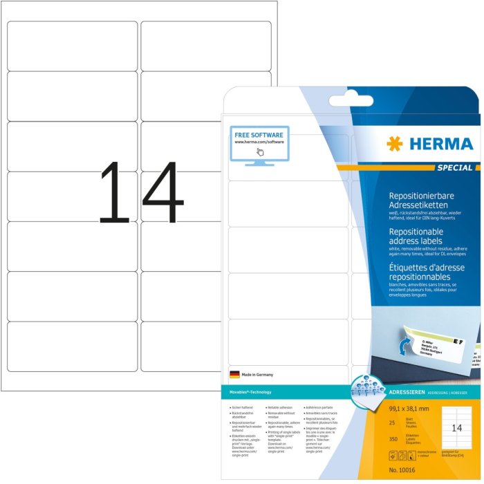 Etiquetas para direcciones A4 blancas 99,1x38,1 mm papel reposicionable mate 350 unid.