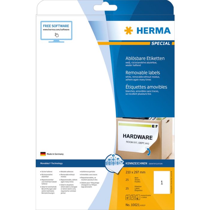 Etiquetas A4 blanco 210x297 mm Papel movible-desmontable mate 25 unid.