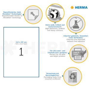 Etiquetas A4 blanco 210x297 mm Papel movible-desmontable mate 25 unid.