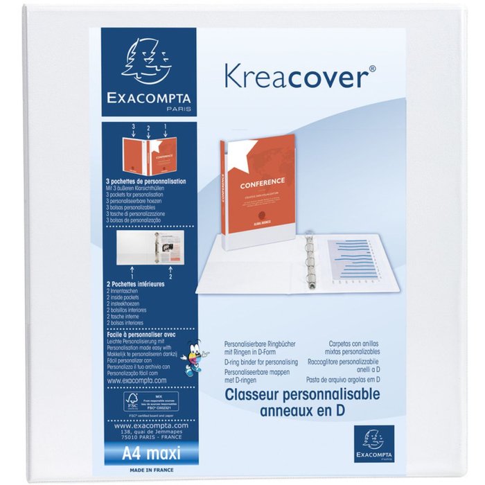 Carpeta de anillas 2 anillas D 60mm 3 bolsillos exteriores A4 Maxi Krea Cover Blanco