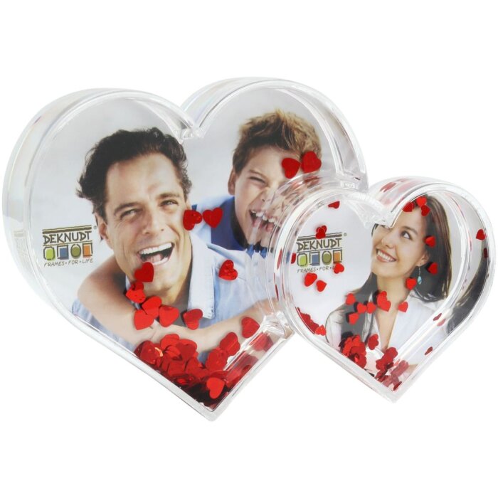 Doble foto corazón en acrílico con corazones rojos de purpurina