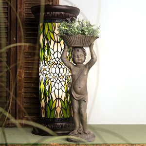 LumiLamp 5LL-5539 Columna Tiffany Ø 31x78 cm Vidrio Verde Blanco Flores Redonda