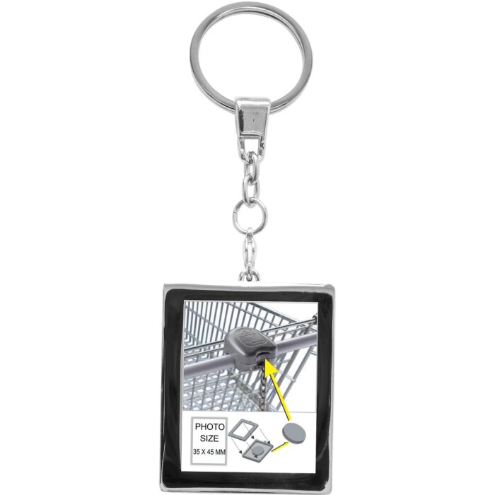 Llavero con foto y moneda para carro de la compra metal plateado 3,5 x4,5 cm S59NC