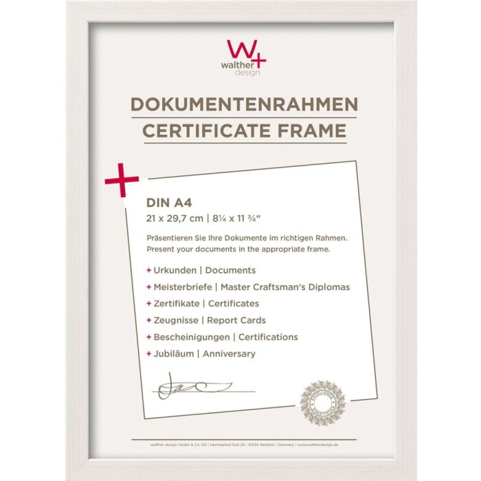 Marco Walther Construcción 21x30 cm blanco DIN A4 Marco para certificado