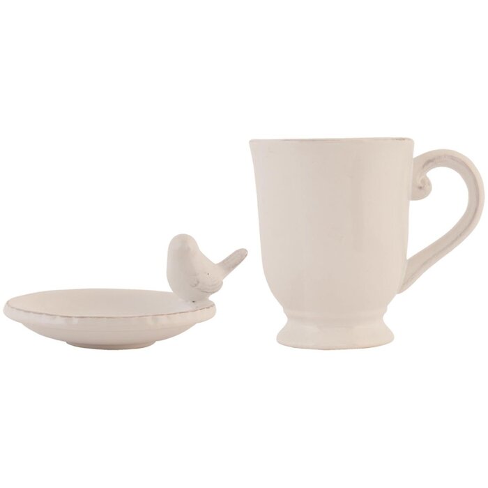 Clayre & Eef 6CE0373 Juego de Taza y Plato 300 ml Cerámica Beige Pájaros Redondo
