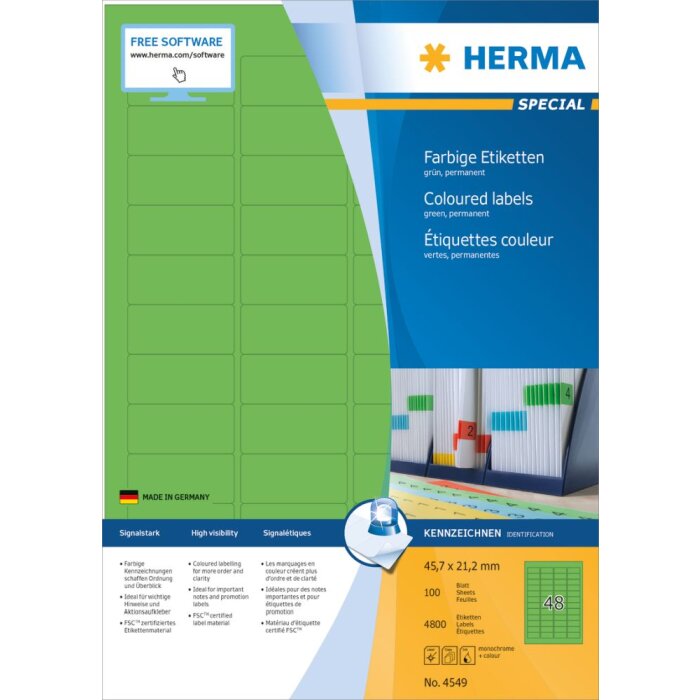 Etiquetas de color Herma SPECIAL A4, 45,7 x 21,2 mm, verde, adhesivo permanente
