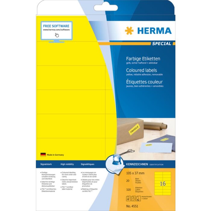 Etiquetas de color Herma SPECIAL A4, 105 x 37 mm, papel removible amarillo mate