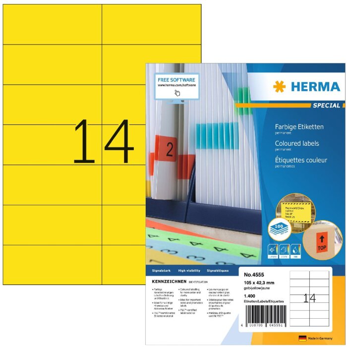 Etiquetas de color Herma SPECIAL A4, 105 x 42,3 mm, amarillas, adhesivo permanente