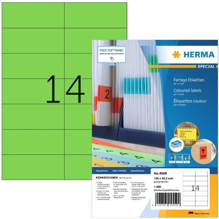 Etiquetas de color Herma SPECIAL A4, 105 x 42,3 mm, verde, adhesivo permanente