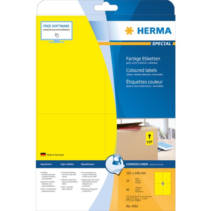 Etiquetas de color Herma SPECIAL A4, 105 x 148 mm, amarillas, removibles
