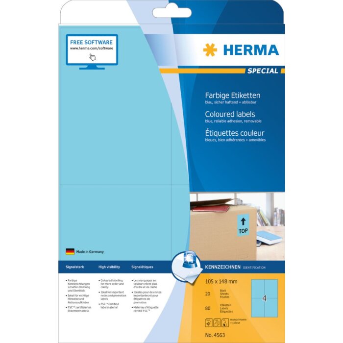 Etiquetas de color Herma SPECIAL A4, 105 x 148 mm, azules, removibles