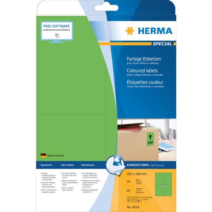 Etiquetas de color Herma SPECIAL A4, 105 x 148 mm, verdes, removibles