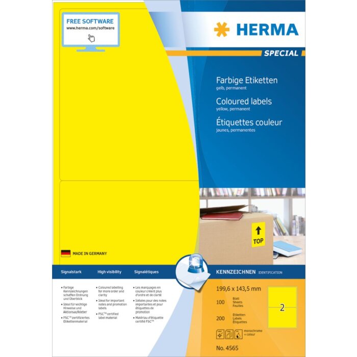 Etiquetas de color Herma SPECIAL A4, 199,6 x 143,5 mm, amarillas, adhesivo permanente