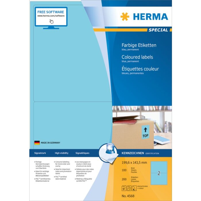 Etiquetas de color Herma SPECIAL A4, 199,6 x 143,5 mm, azul, adhesivo permanente