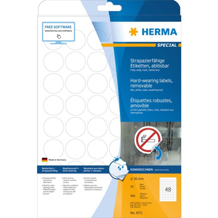 Etiquetas Herma SPECIAL de lámina resistente a la intemperie A4, Ø 30 mm, blancas, adhesivo extremadamente fuerte, removibles