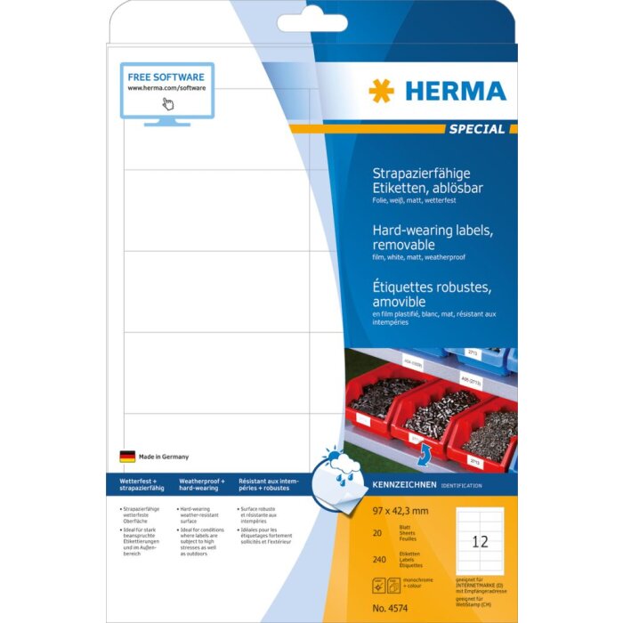 Etiquetas Herma SPECIAL de lámina resistente a la intemperie A4, 97,0 x 42,3 mm, blancas, adhesión extremadamente fuerte, removibles
