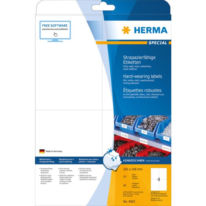Etiquetas Herma SPECIAL de lámina resistente a la intemperie A4, 105 x 148 mm, blancas, adhesión extremadamente fuerte