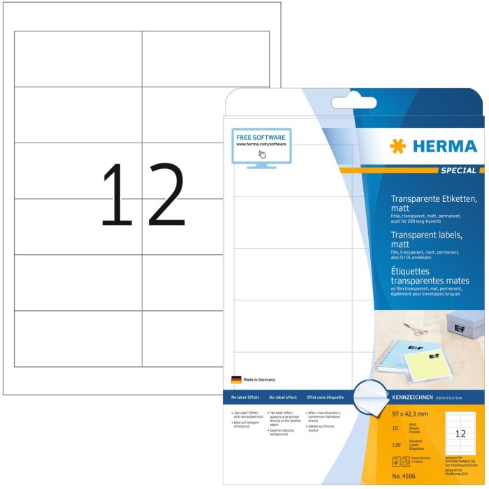 Herma SPECIAL Etiquetas de lámina transparente, mate, A4, 97 x 42,3 mm, resistente a la intemperie, adhesivo permanente